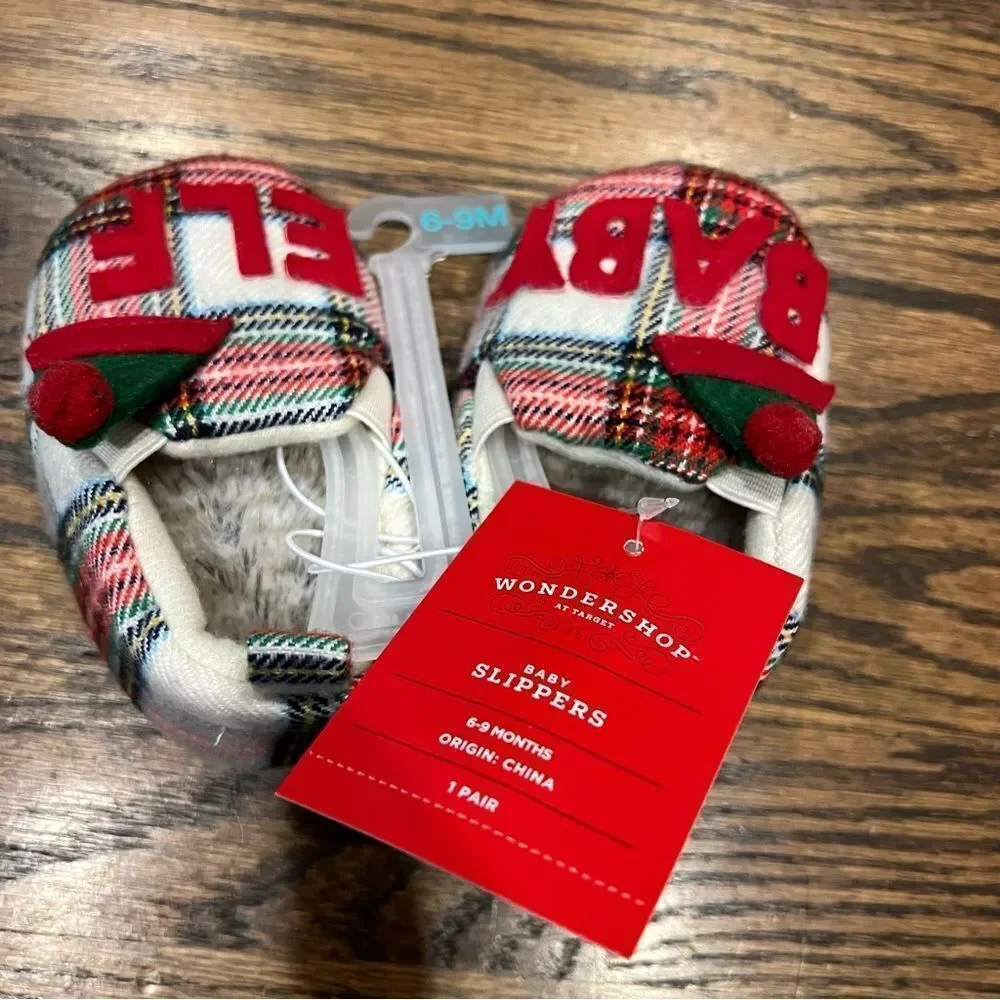 🍭6/$30 New Baby Elf Faux Fur Lined Plaid Christmas Holiday Slippers 6-9 m